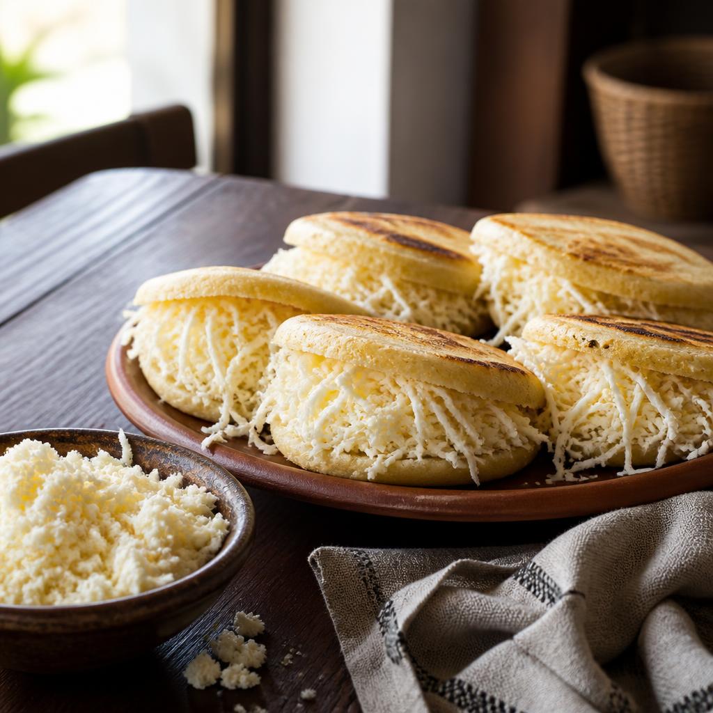 Freshly made Venezuelan arepas generously filled with shredded Queso Llanero