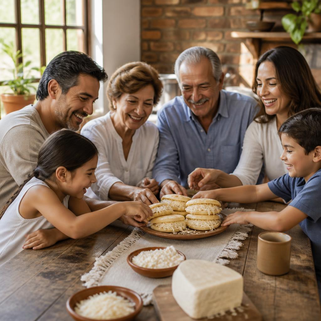 Venezuelan family sharing arepas at breakfast