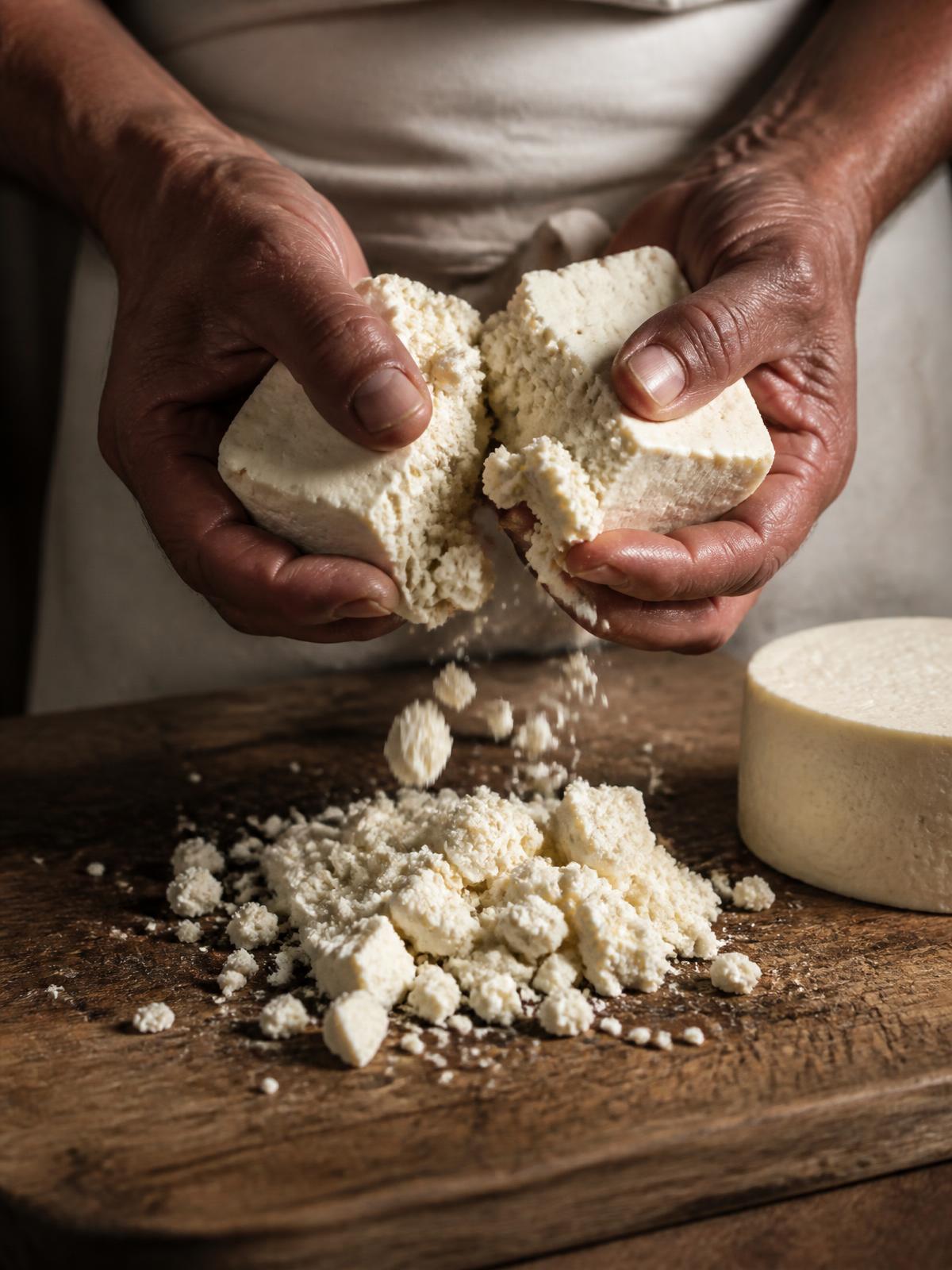 Hands crumbling fresh Venezuelan cheese