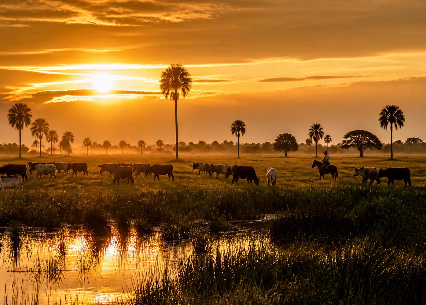 Cattle grazing on the Venezuelan Llanos at sunrise